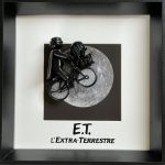 Figurine noire d’un enfant en cape et casque à vélo portant un panier avant avec une silhouette allongée, sur un fond représentant la pleine lune dans un cadre noir, avec le titre "E.T. L’Extra-Terrestre" inscrit en dessous.