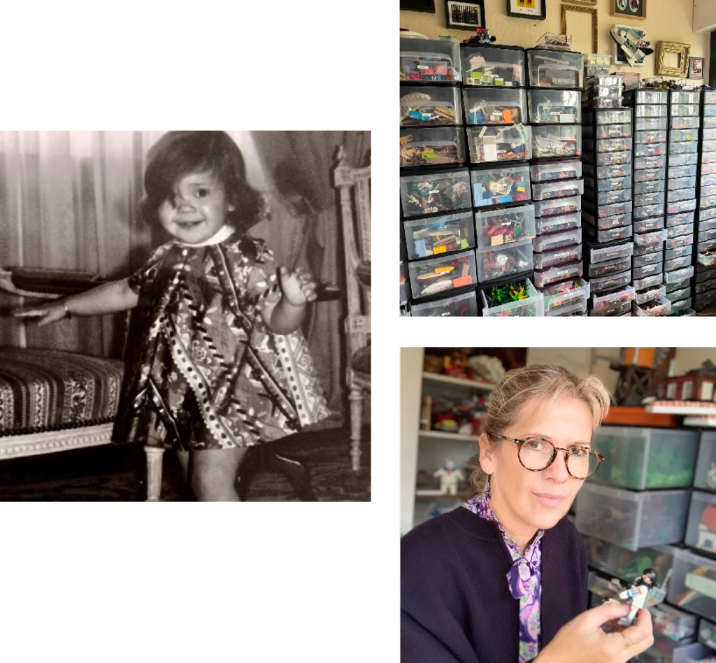 Montage de trois photos : une petite fille en noir et blanc, des tiroirs remplis de figurines et une femme tenant une