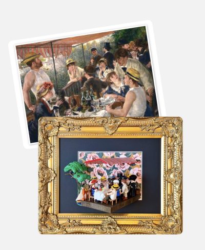 Tableau Playmobil Le déjeuner des canotiers en cadre doré, comparé à la peinture impressionniste d'origine