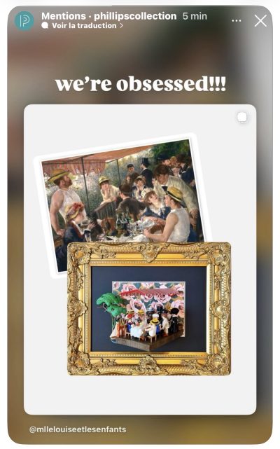 Story Instagram avec la peinture de Renoir et sa version Playmobil encadrée, Le déjeuner des canotiers