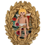 Tableau Cupidon avec personnage blond ailé, rose rouge et arc doré sur fond fleuri, dans un cadre ovale doré à feuillages.